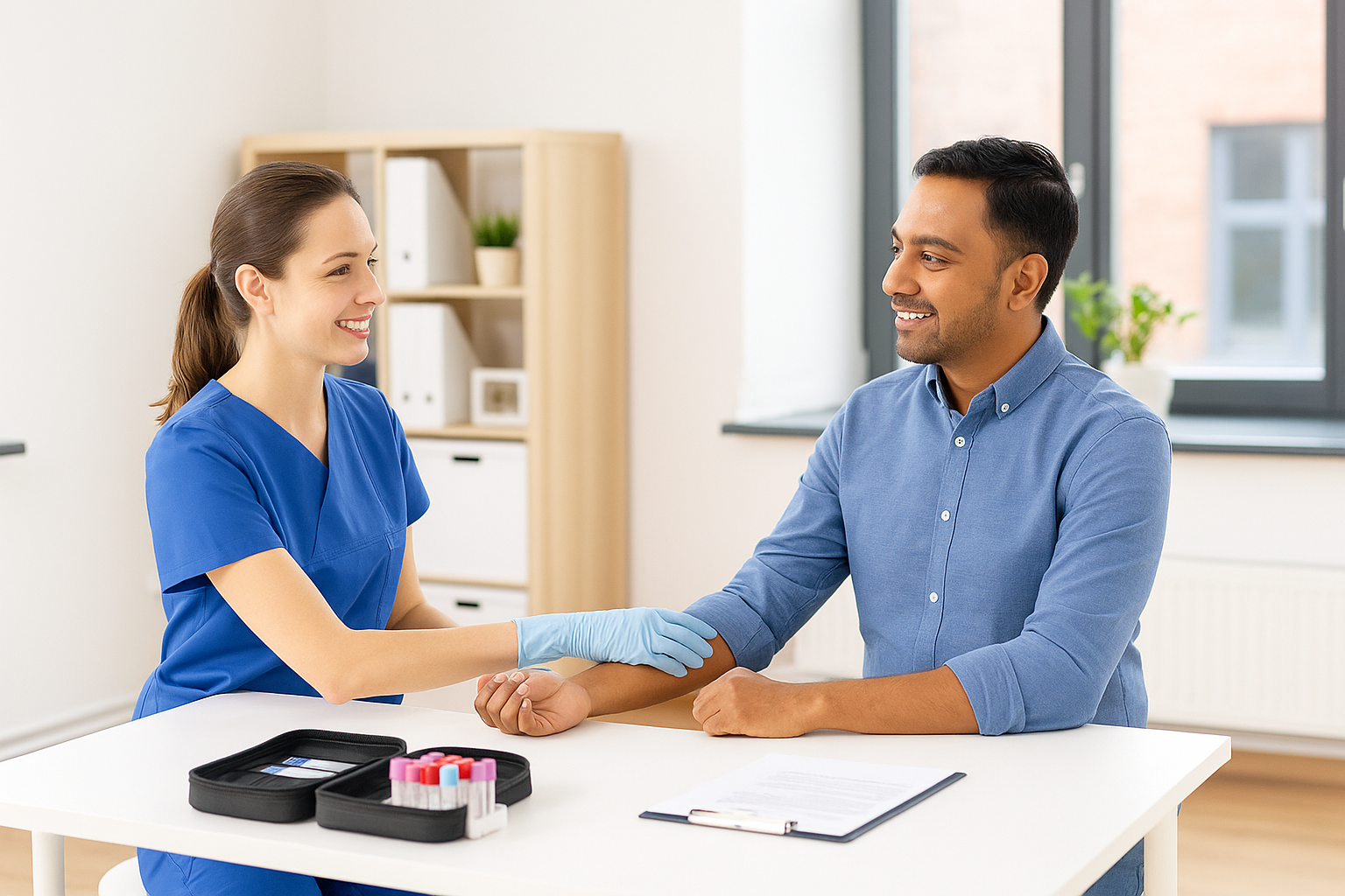 Workplace health screening for SMEs in Surrey, showing staff in a bright office setting.